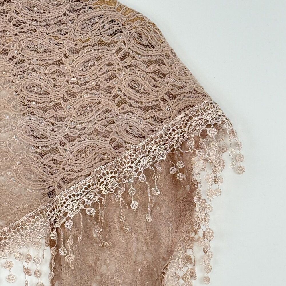 Women’s Pink Lace Triangle Shawl or Mantilla with Fringe Trim 64” X 18” - Picture 10 of 13